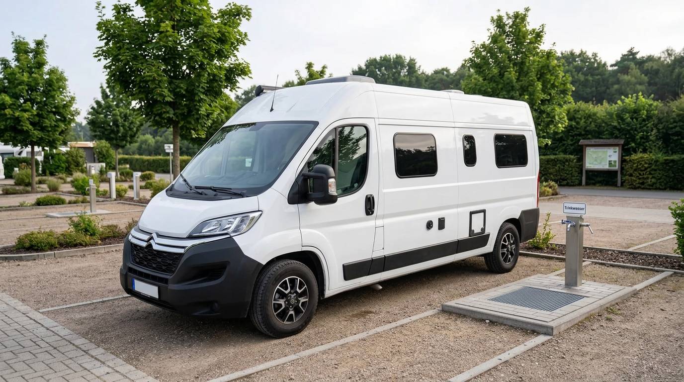Weißer Kastenwagen-Camper auf einem Wohnmobil-Stellplatz neben einem Bodenablauf mit Wasserhahn auf einer Säule