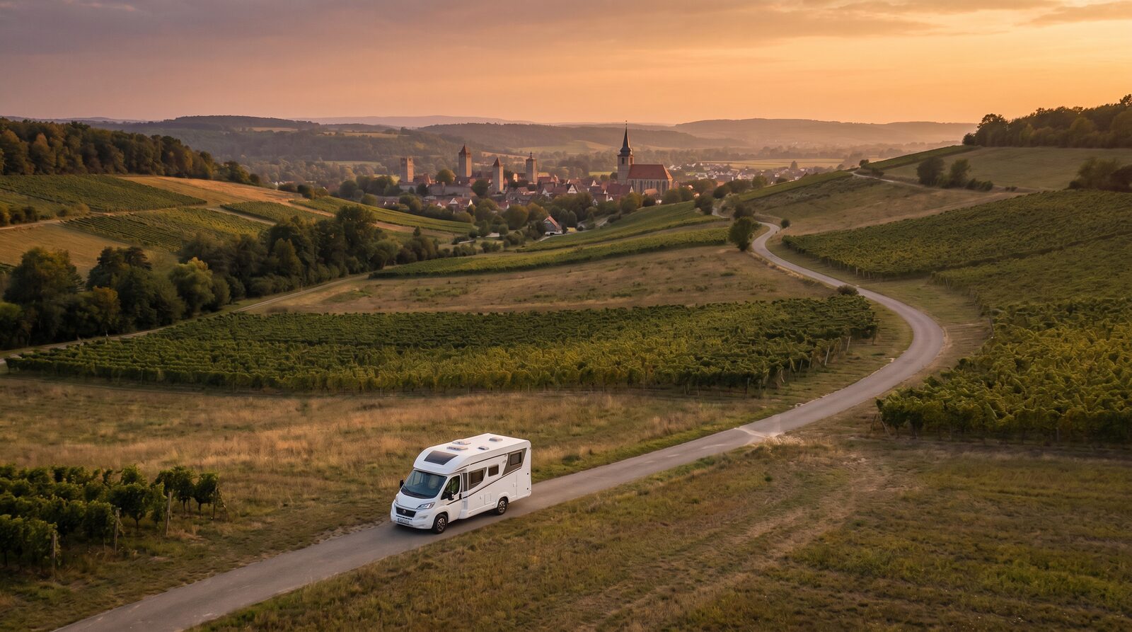 Wohnmobil auf der Romantischen Straße bei Rothenburg, Weinberge und Stadtsilhouette im Abendlicht