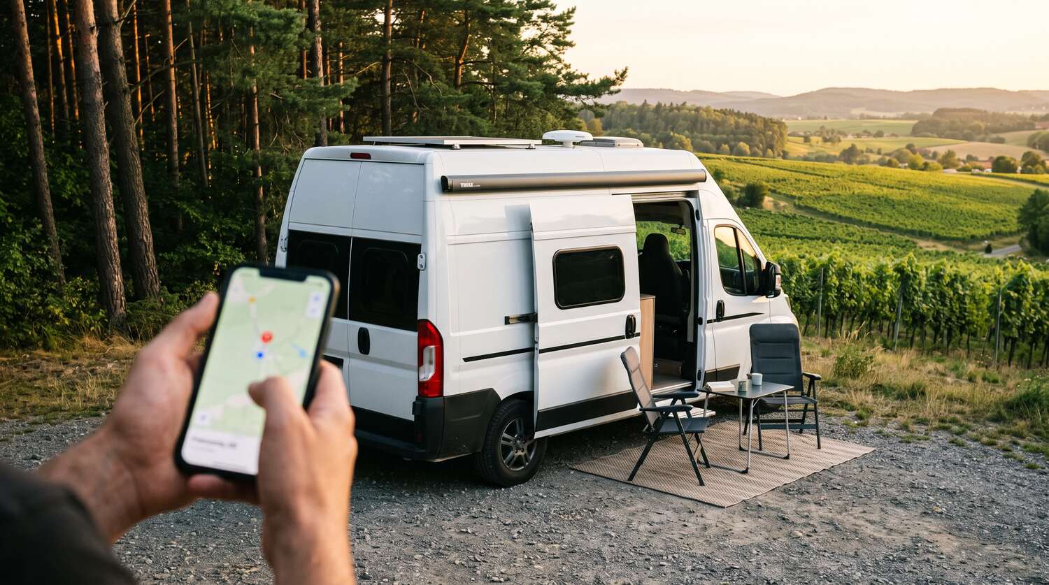 Hände halten ein Smartphone mit geöffneter Kartenansicht, dahinter ein weißer Kastenwagen mit Hochdach und ausgefahrener Markise auf einem Schotterplatz am Waldrand über fränkischen Weinbergen im Abendlicht