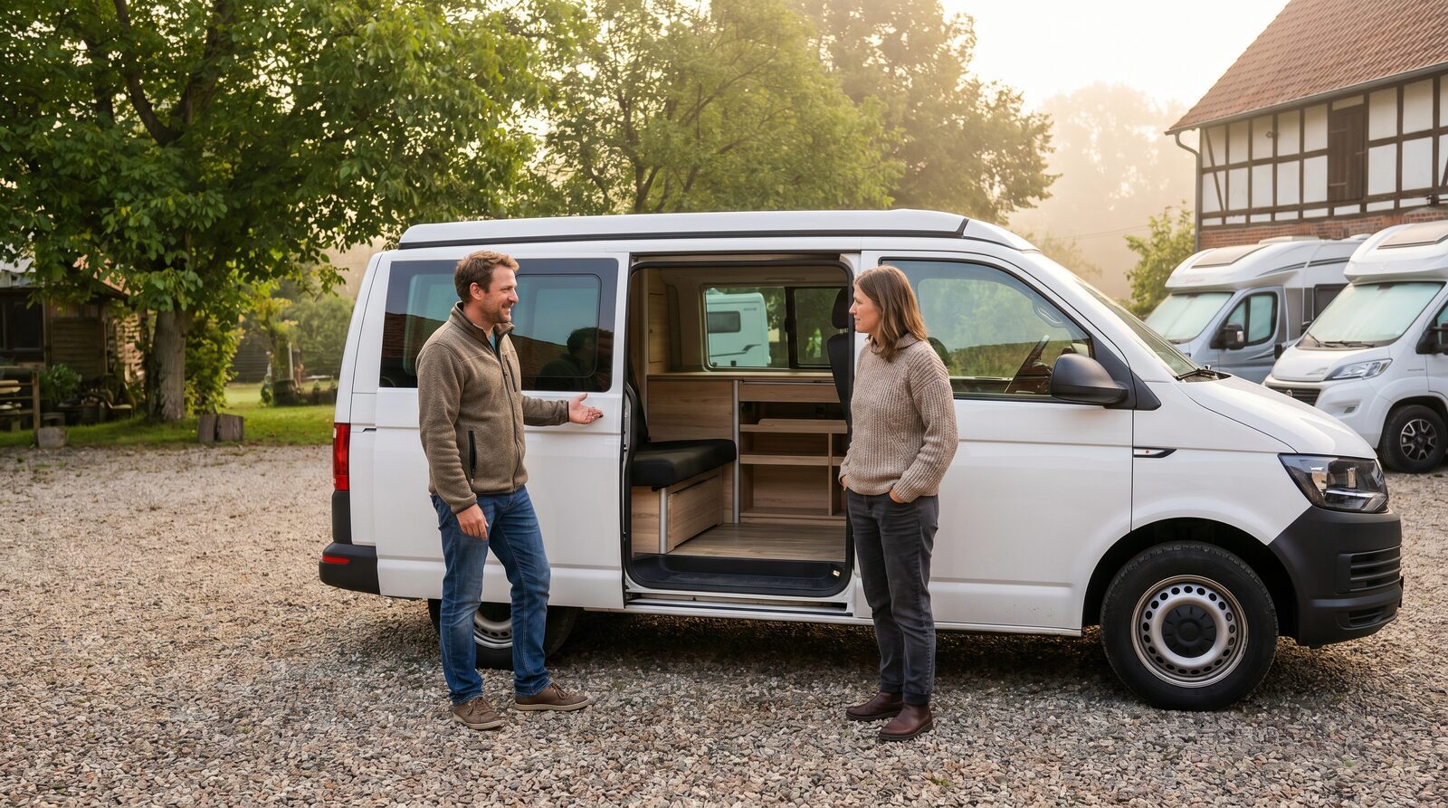 Persönliche Wohnmobil-Übergabe: Vermieter erklärt dem Mieter das Fahrzeug