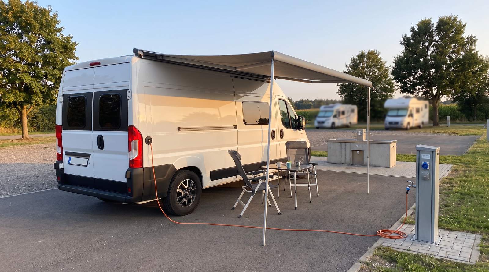 Weißer Kastenwagen-Camper mit ausgefahrener Markise auf einem Wohnmobilstellplatz am Abend, Stromkabel zur Versorgungssäule, zwei Campingstühle davor