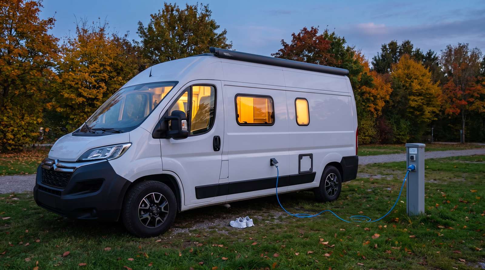 Weißer Kastenwagen-Camper auf einem Campingplatz in der Abenddämmerung, über ein blaues Kabel an eine Stromsäule angeschlossen, warmes Licht in den Fenstern