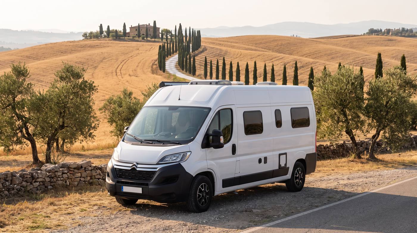 Weißer Kastenwagen-Camper mit festem Hochdach steht auf einem Schotterstreifen an einer schmalen Landstraße in der Val d'Orcia, dahinter goldbraune Getreidehügel, eine Zypressenallee entlang eines weißen Feldwegs und ein Steinhaus auf der Kuppe im Nachmittagslicht