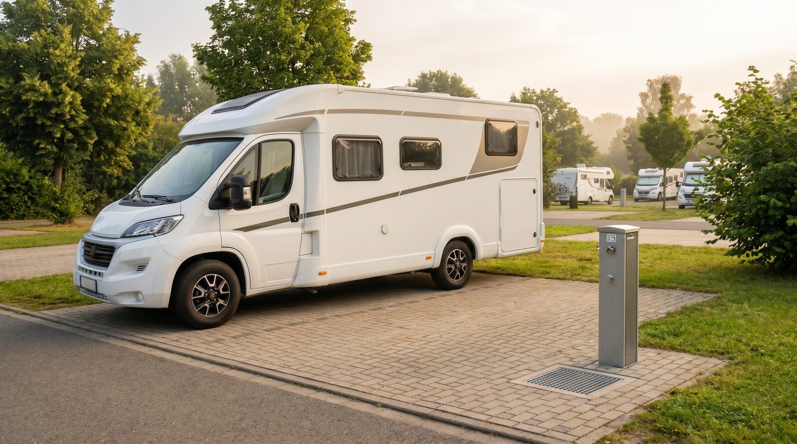 Wohnmobil an einer Ver- und Entsorgungsstation auf einem Stellplatz